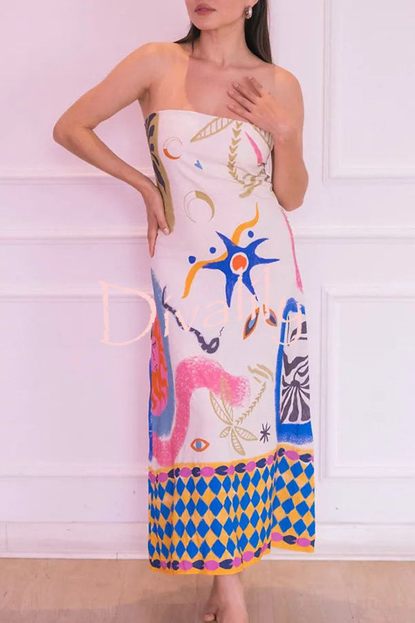 Ramona Linen Blend Unique Print Off Shoulder Vacation Loose Midi Dress