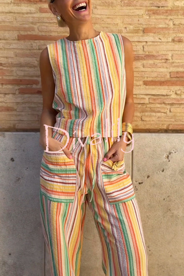 Tylah Linen Blend Colorful Striped Back Button Vest and Elastic Waist Pocket Loose Pants Set