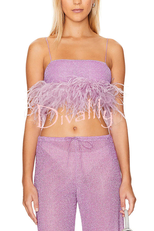 Music Carnival Glitter Stretch Fabric Feather Trim Tank and Elastic Waisted Flared Pants Set