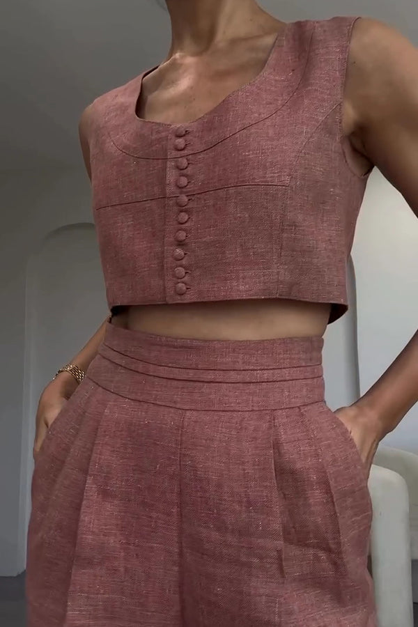 Maylin Solid Color Sleeveless Button-Down Top and Relaxed Pocket Straight Pants Set