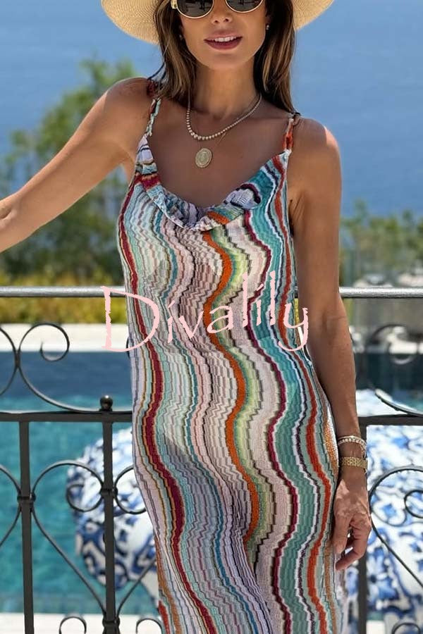 Clarissa Knit Colorful Wave Print Cowl Neck Open Back Slit Maxi Dress