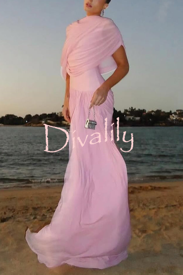 Elegant Mesh Cape-style Pleated Draped Maxi Dress