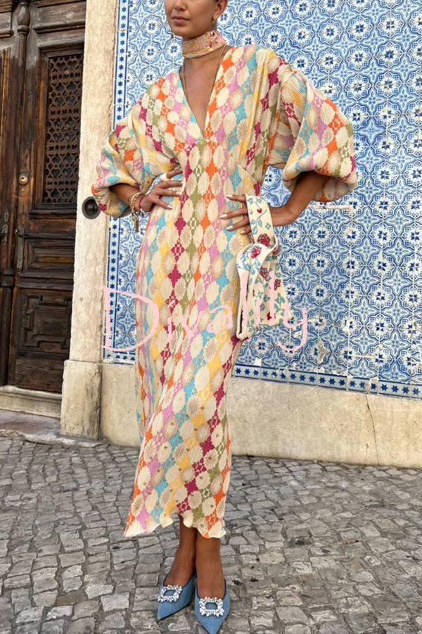 Gorgeous Sunshine Colorful Unique Print Kimono Puff Sleeve Midi Dress