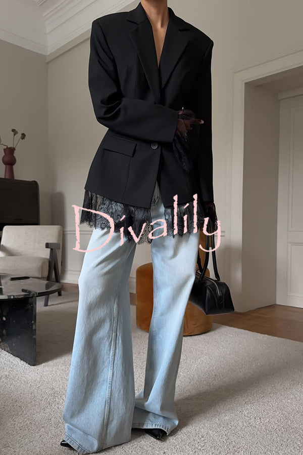 Solid Color Lace Panel Long Sleeve Button Elegant Blazer