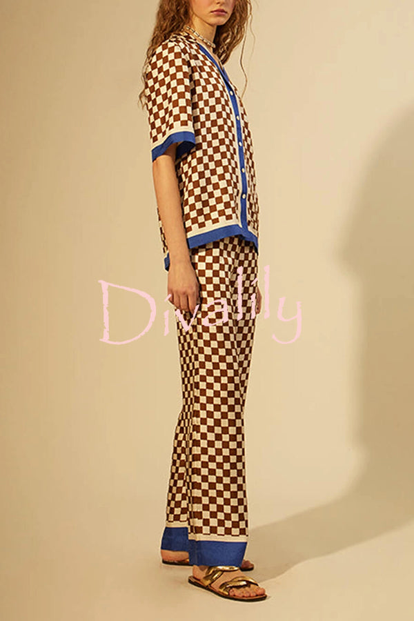 Olivia Satin Checkerboard Colorblock Print Shirt and Elastic Waist Pocketed Loose Pants Set