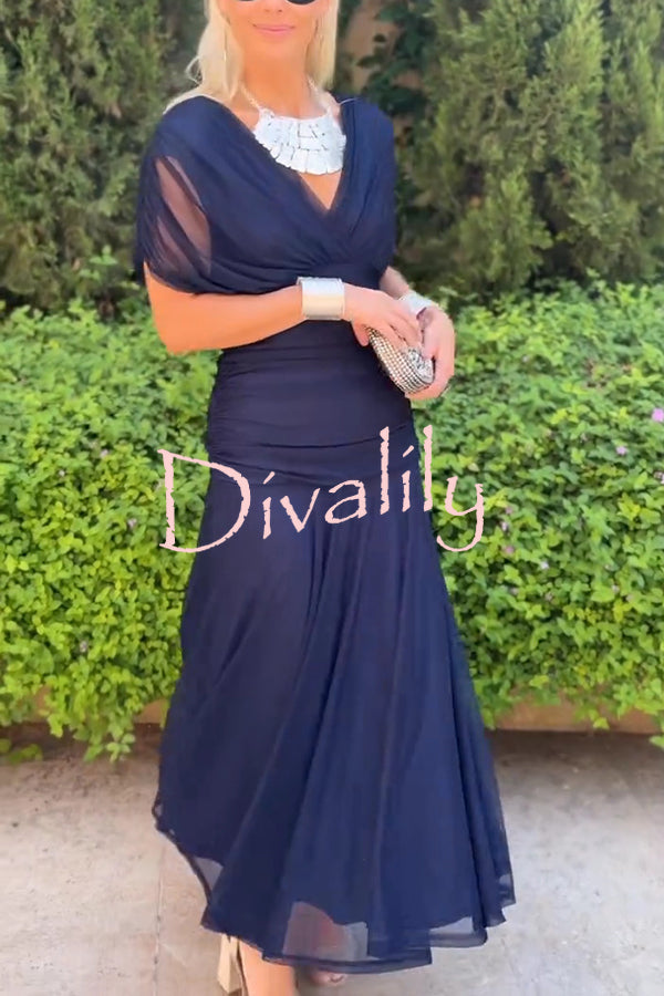 Unique Printed V-Neck Waisted Mesh Holiday Maxi Dress