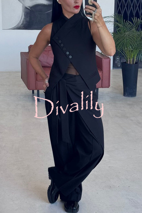 Urban Charm High Stand-up Collar Oblique Buckle Design Sleeveless Vest
