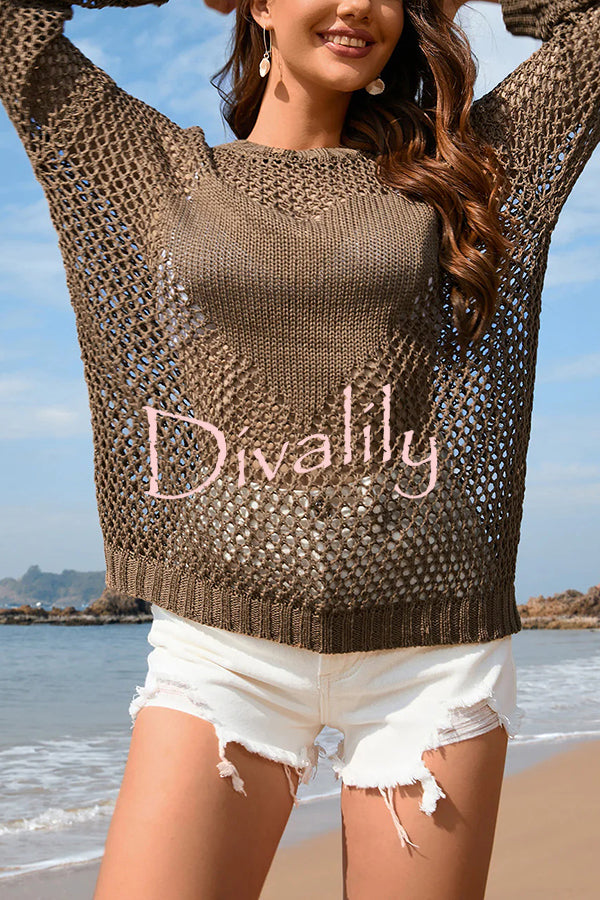 Solid Color Round Neck Long Sleeve Heart Knitted Beach Cover Up