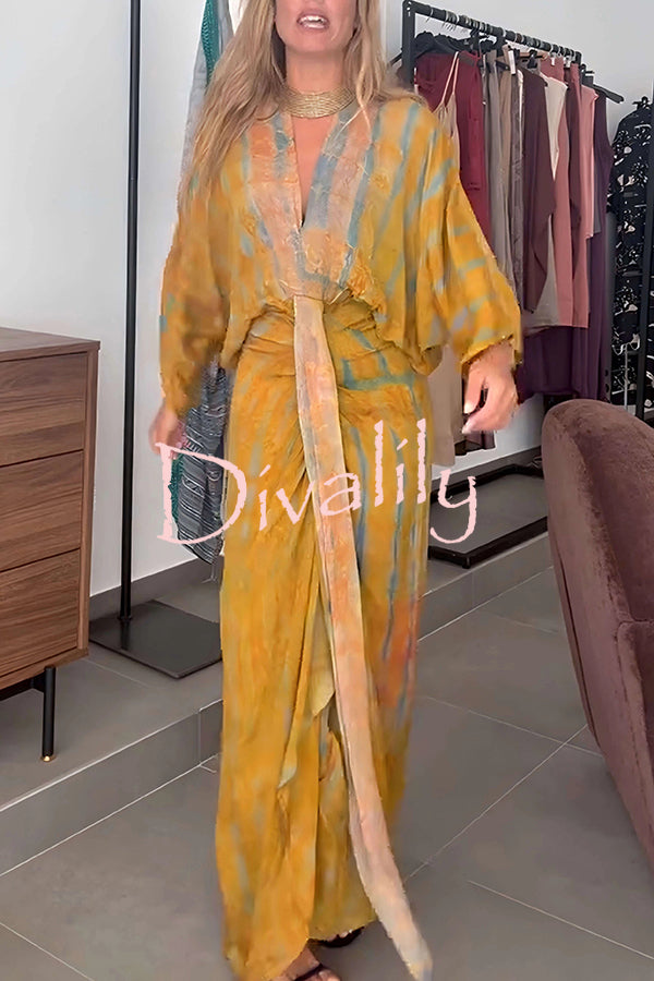 Unique Printed V-neck High-waisted Loose-fitting Holiday Maxi Dress