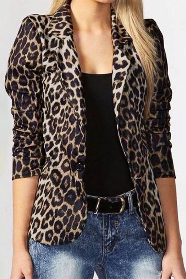 Leopard Print Lapel Long Sleeve Casual Blazer