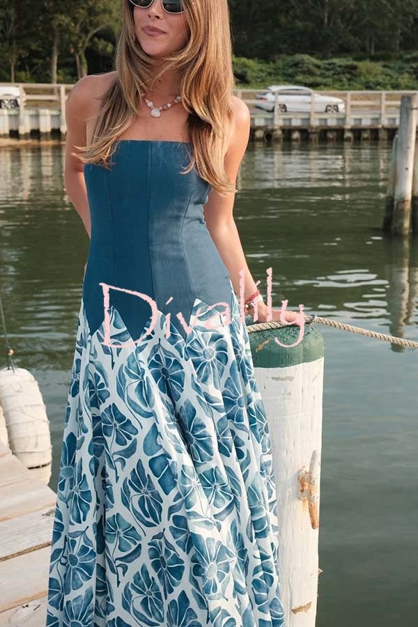 Dottie Colorblock Floral Print Drop Waist Gathered Strapless Maxi Dress