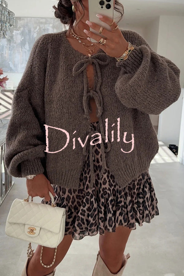 Solid Color Long-sleeved V-neck Lace-up Loose Knitted Sweater