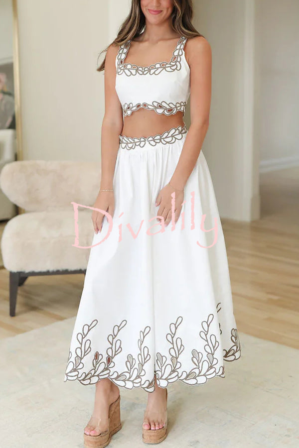 Perfect Vacation Embroidered Trim Crop Tank and Elastic Waist A-line Maxi Skirt Set