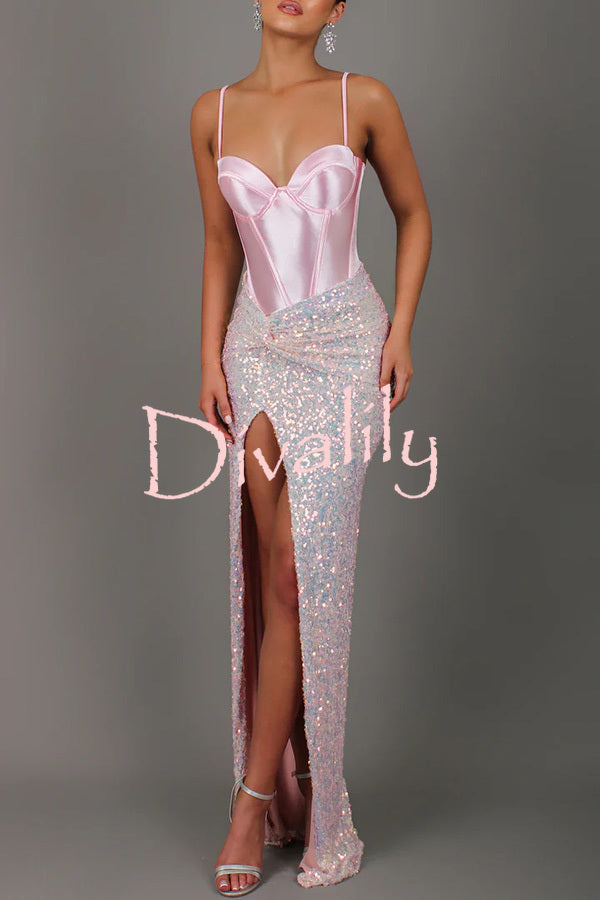 All about Glam Satin Corset Sequin Twist High Leg Split Maxi Dress