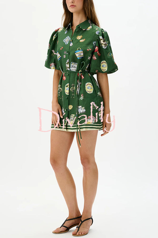 Linen Blend Unique Print Puff Sleeve Casual Mini Dress