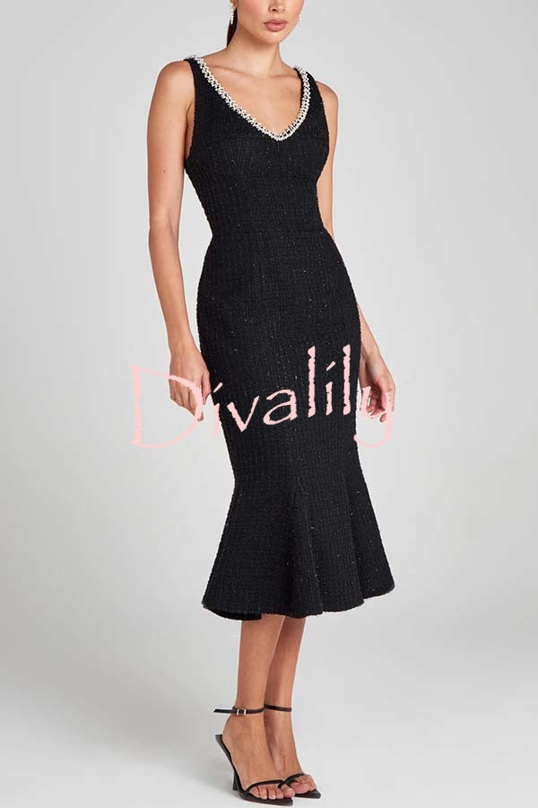 Moonlight Goddess Tweed Fabric Pearl Trim Fishtail Flare Bodycon Midi Dress