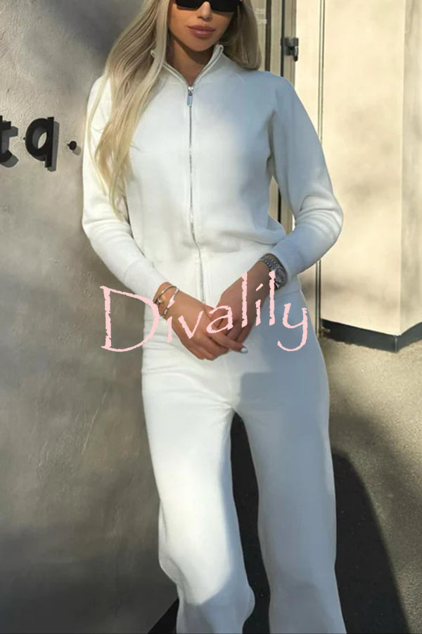 Cozycore Knit Zipper Long Sleeve Cardigan and Stretch Wide Leg Pants Set