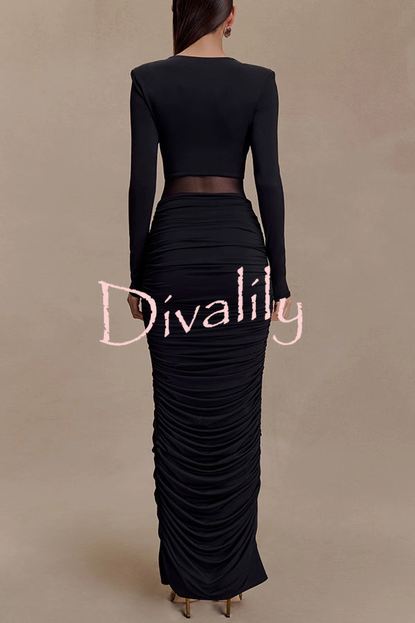 Sexy See-through Long-sleeved V-neck Pleated Slim-fit Maxi Dress
