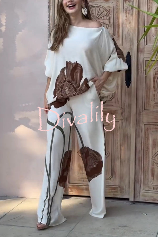 Floral Print Batwing Sleeves Loose-fitting Top and Relaxed Pocket Straight Pants Set