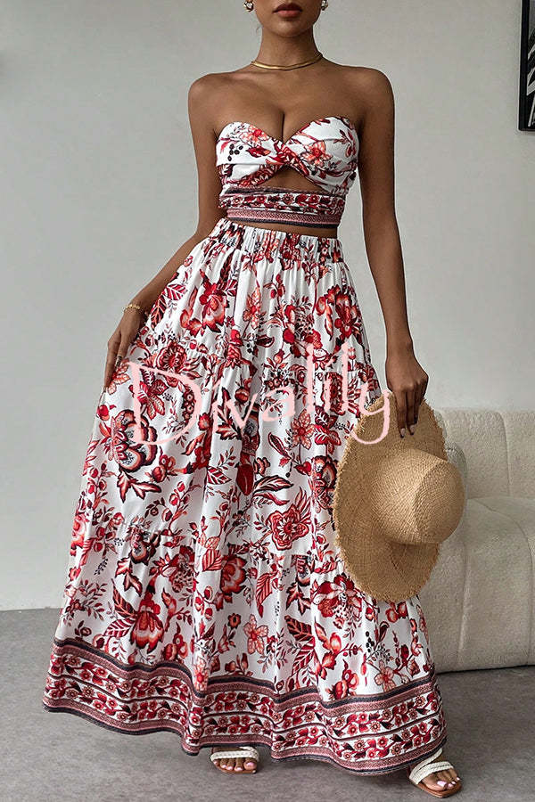 Floral Print Cutout Bandeau Top and Elastic Waist Full Maxi Skirt Set