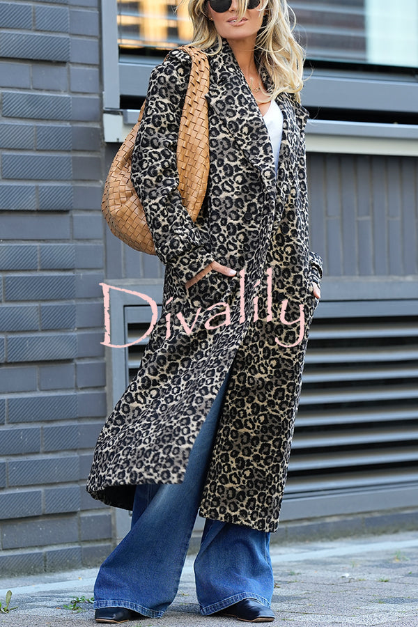 Leopard Affair Animal Print Epaulettes Long Sleeve Pocketed Lapel Midi Trench Coat