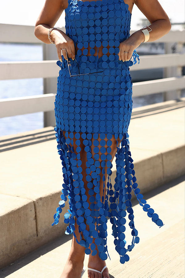 Caitlin See Through Circle Embroidery Elastic Waist Tassle Hem Maxi Skirt