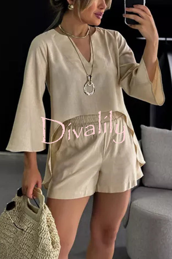 Solid Color V-neck Long-sleeved Top and Pocket Loose Casual Shorts Set