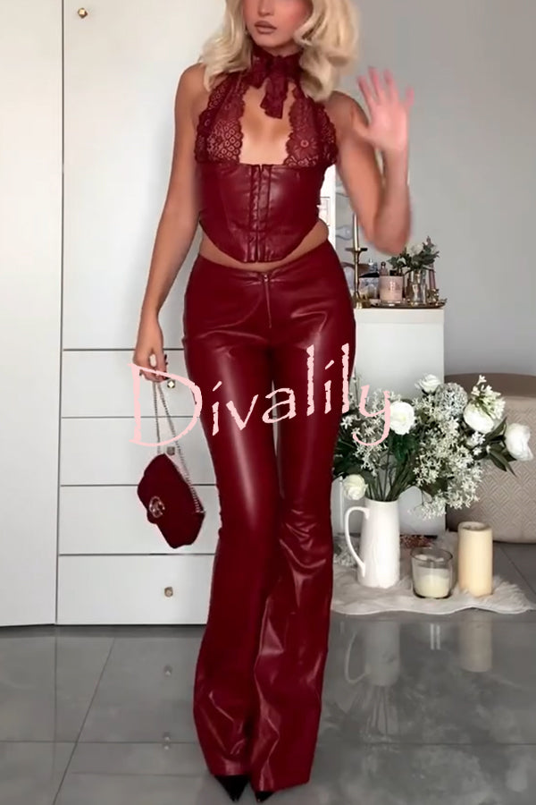 Style Challenge Stretch Faux Leather Lace Halter Tank and Zipper Waist Flare Pants Set