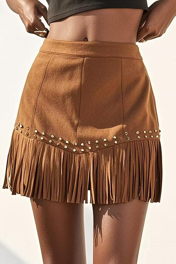 Fashion Suede Studded Tassel Hem Mini Skirt