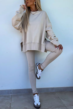 Solid Color Loose Long Sleeve SlitSweatshirt and Elastic Waist Tight Pants Set