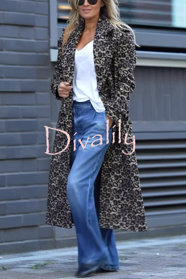 Leopard Affair Animal Print Epaulettes Long Sleeve Pocketed Lapel Midi Trench Coat