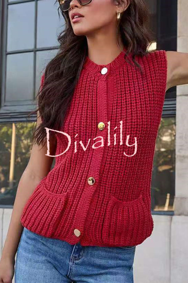 Solid Color Sleeveless Button Pocket Knit Vest