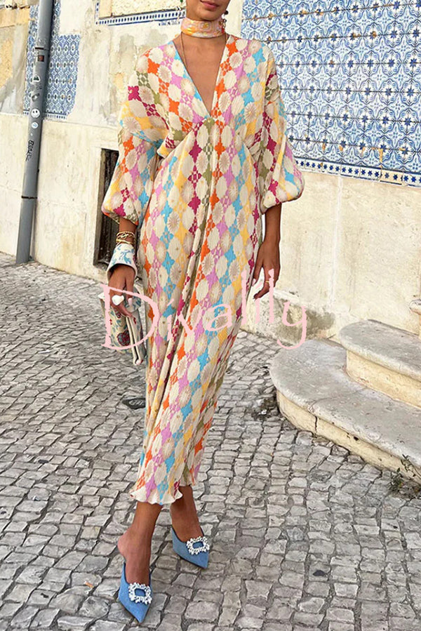 Gorgeous Sunshine Colorful Unique Print Kimono Puff Sleeve Midi Dress