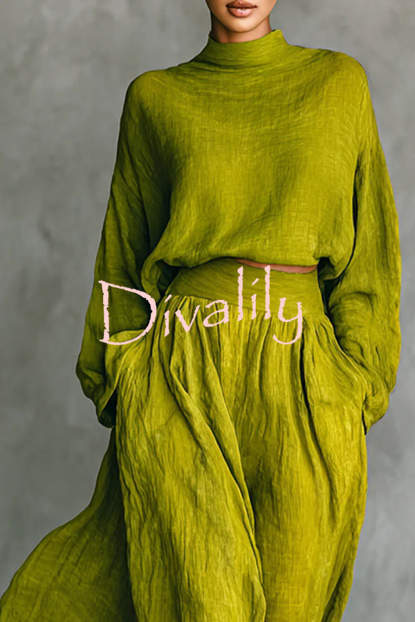 Linen Blend Solid Color Loose Long-sleeved Top and High-waisted Casual Pocket Maxi Skirt Set