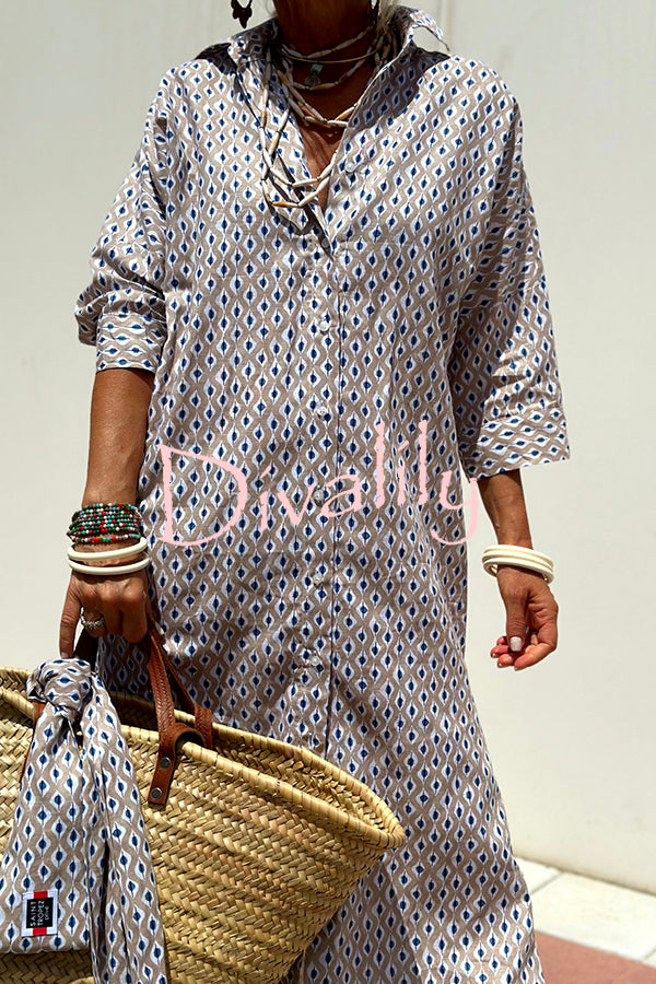 Summer Splendor Printed Button Half Sleeve Belt Loose Shirt Midi Dress