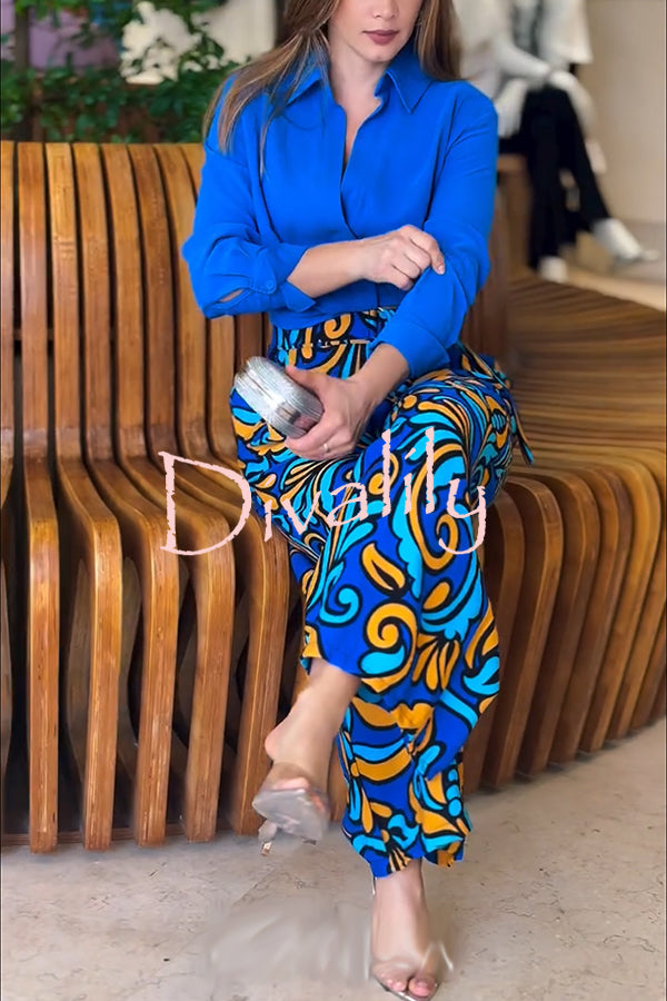 Ocean Heart Linen Blend Printed Ruched Hem Blouse and Belted High Rise Pocket Loose Pants Set