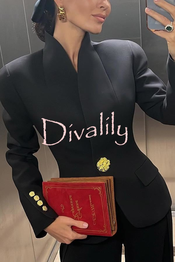 Classic Luxury Unique Metal Button Stand Collar Long Sleeve Blazer