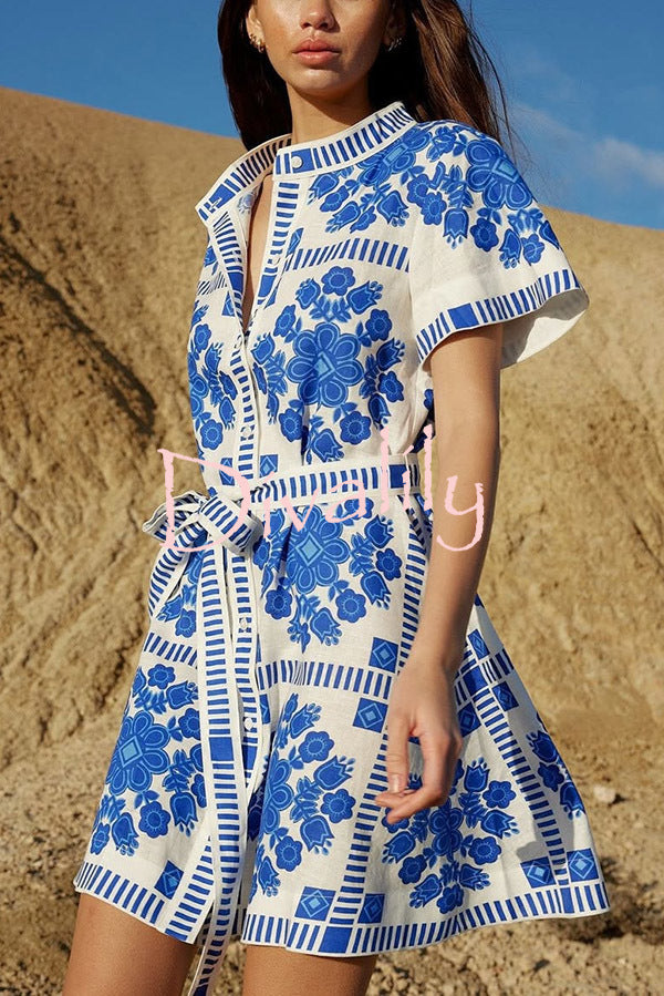 Unique Print Short Sleeve Button Tie Waist Mini Dress