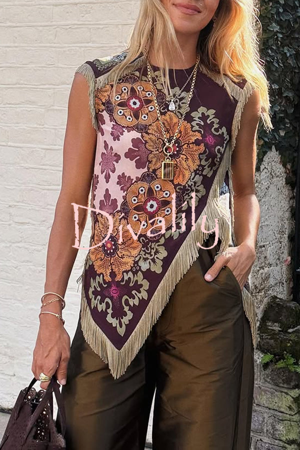 Stunning Floral Print Asymmetric Tassel Trim Scarf Top
