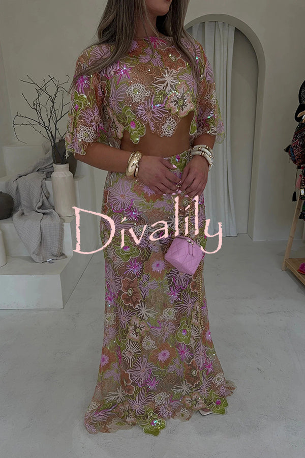 Fashionable Embroidered Flower Sequined Crop Top and Elegant Sheer Maxi Skirt Set