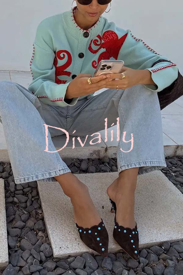 Coastal Fashion Knit Octopus Graphic Contrast Piping Button Up Loose Cardigan