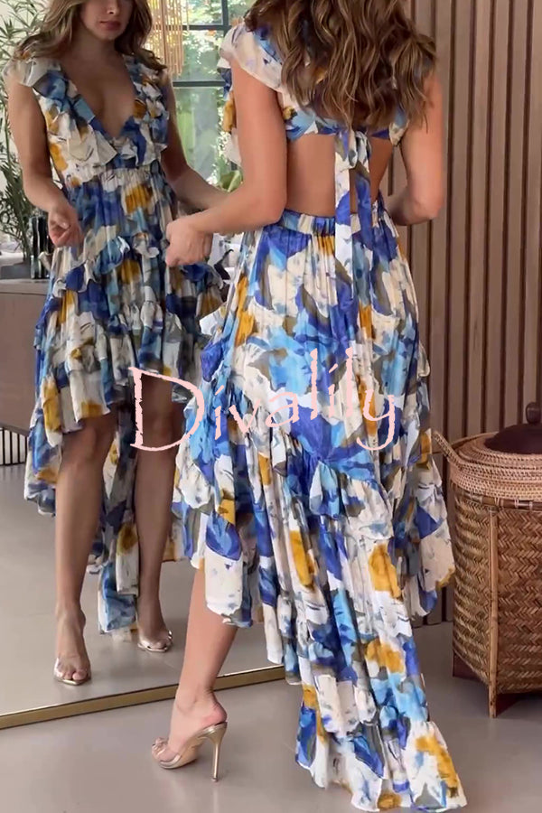 Boho Floral Print Sexy V-neck Backless Resort Maxi Dress