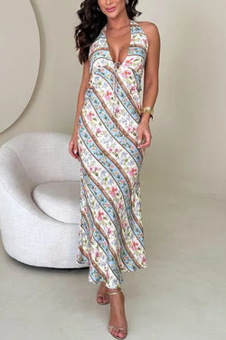 Garden Goddess Unique Colorblock Floral Print Halter Backless Maxi Dress