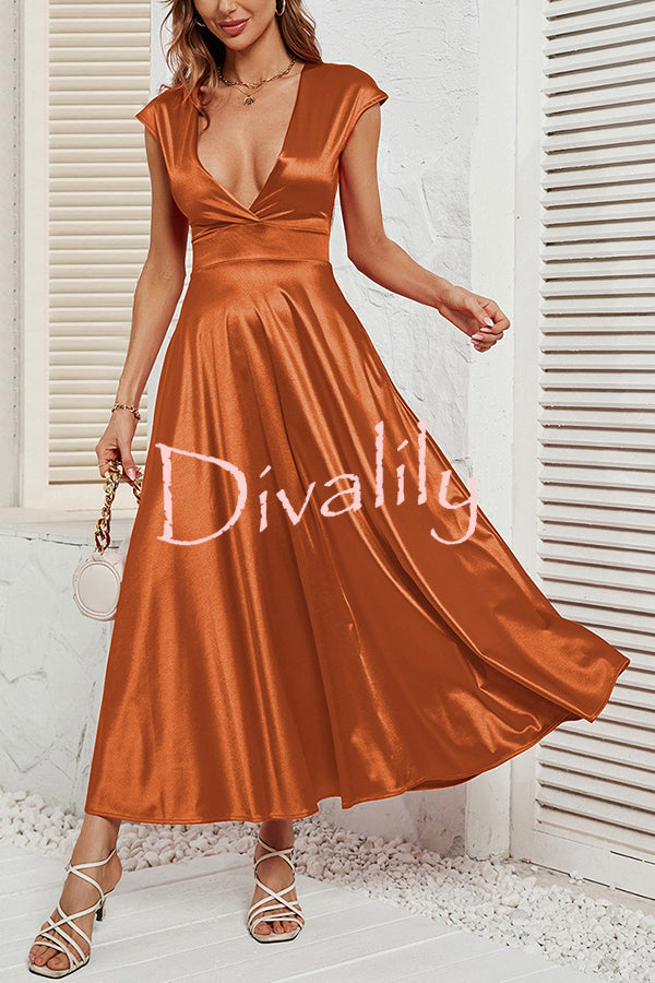 Satin Solid Color Sleeveless V-neck Pocket Maxi Dress