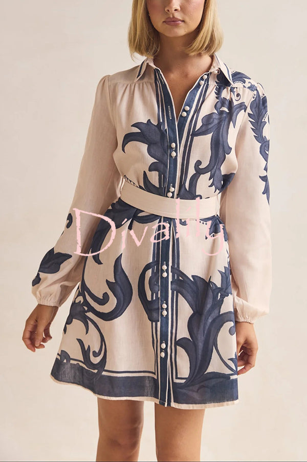 Botanical Print Lapel Puff Sleeve Vintage Belt Loose Mini Dress