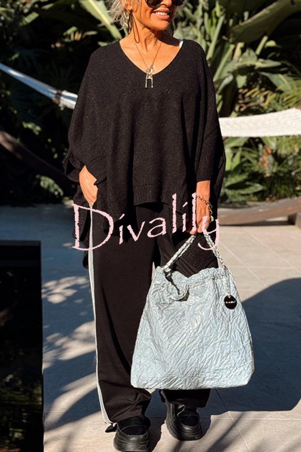 Fashion V-neck Loose Pocket Mid-length Knitted Sweater