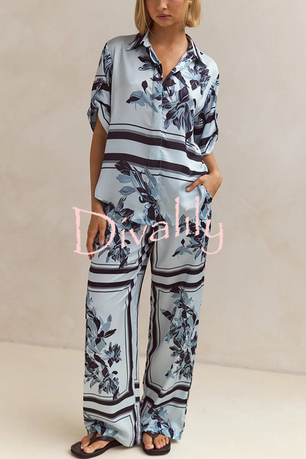 Fashionable Plant Print Loose Lapel Short Sleeve Shirt and Casual Elastic Waist Pocket Pants Set