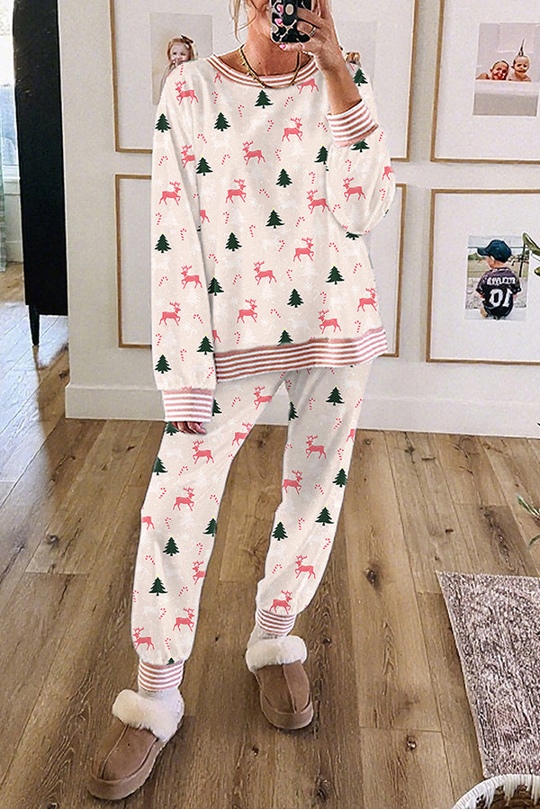 Christmas Print Loose Long-sleeved Top and Elastic Waist Casual Pants Set
