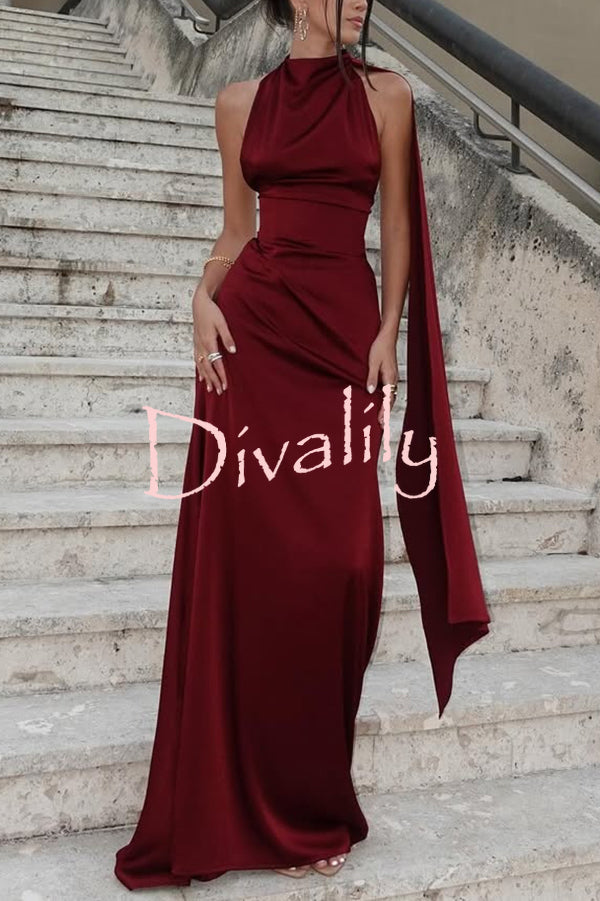 Solid Color Satin Elegant Sleeveless Waist Maxi Dress