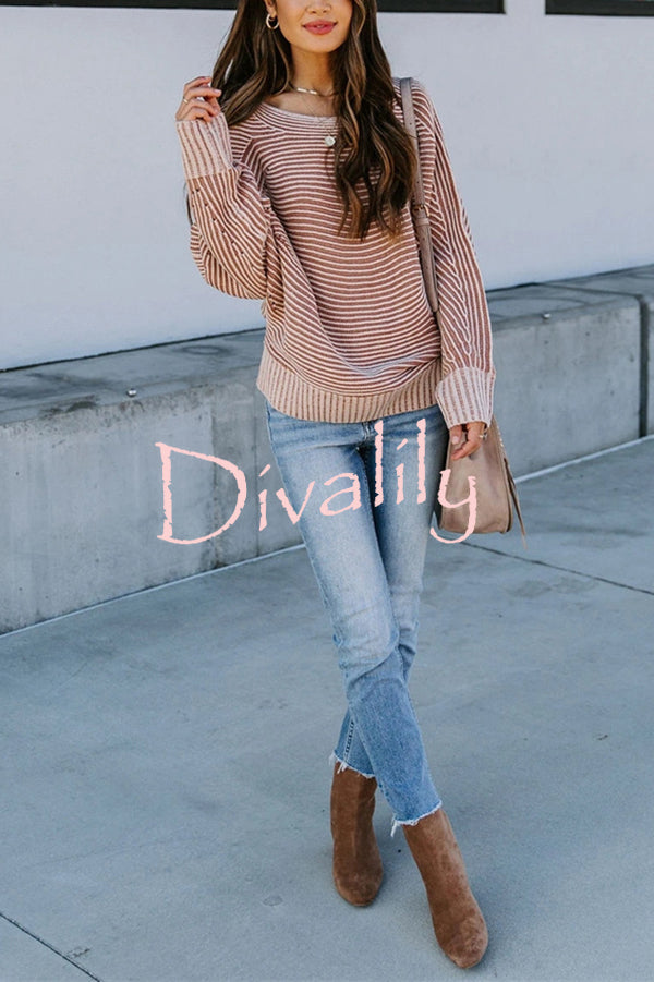 Knitted Striped Round Neck Dolman Sleeve Casual Loose Sweater